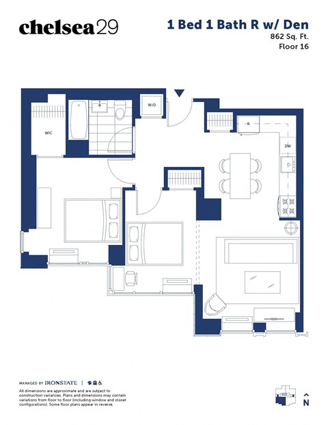 Floor plan for 1 bed, 1 bath, 862 sqft